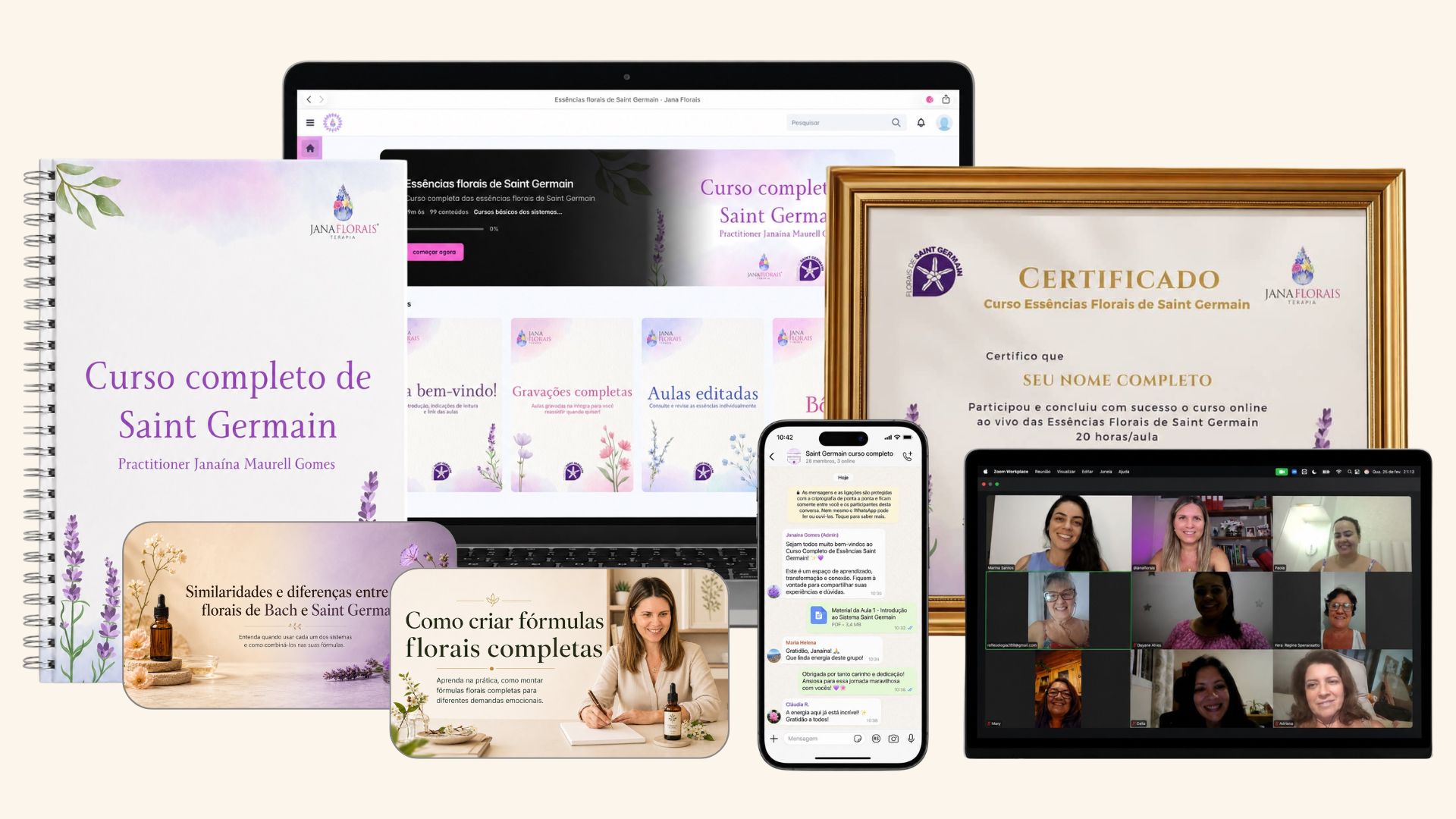 Mockup do curso Essências Florais de Saint Germain: apostila, plataforma, certificado, grupo de WhatsApp e aulas ao vivo pelo Zoom